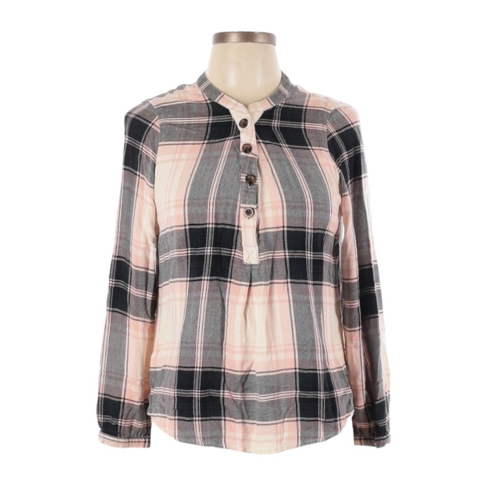 🌺 Maurices Boho Plaid V-Neck Henley Blouse M Pink Black L/S Soft Rayon Top